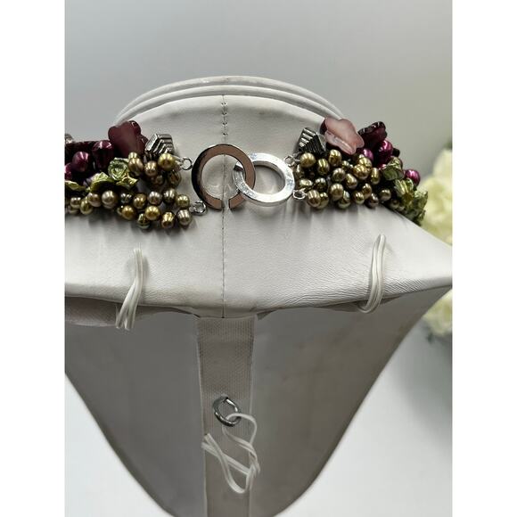 5-Strand MultiColor Purple Green Pink Freshwater Pearl Flower Bead Necklace - Picture 7 of 12